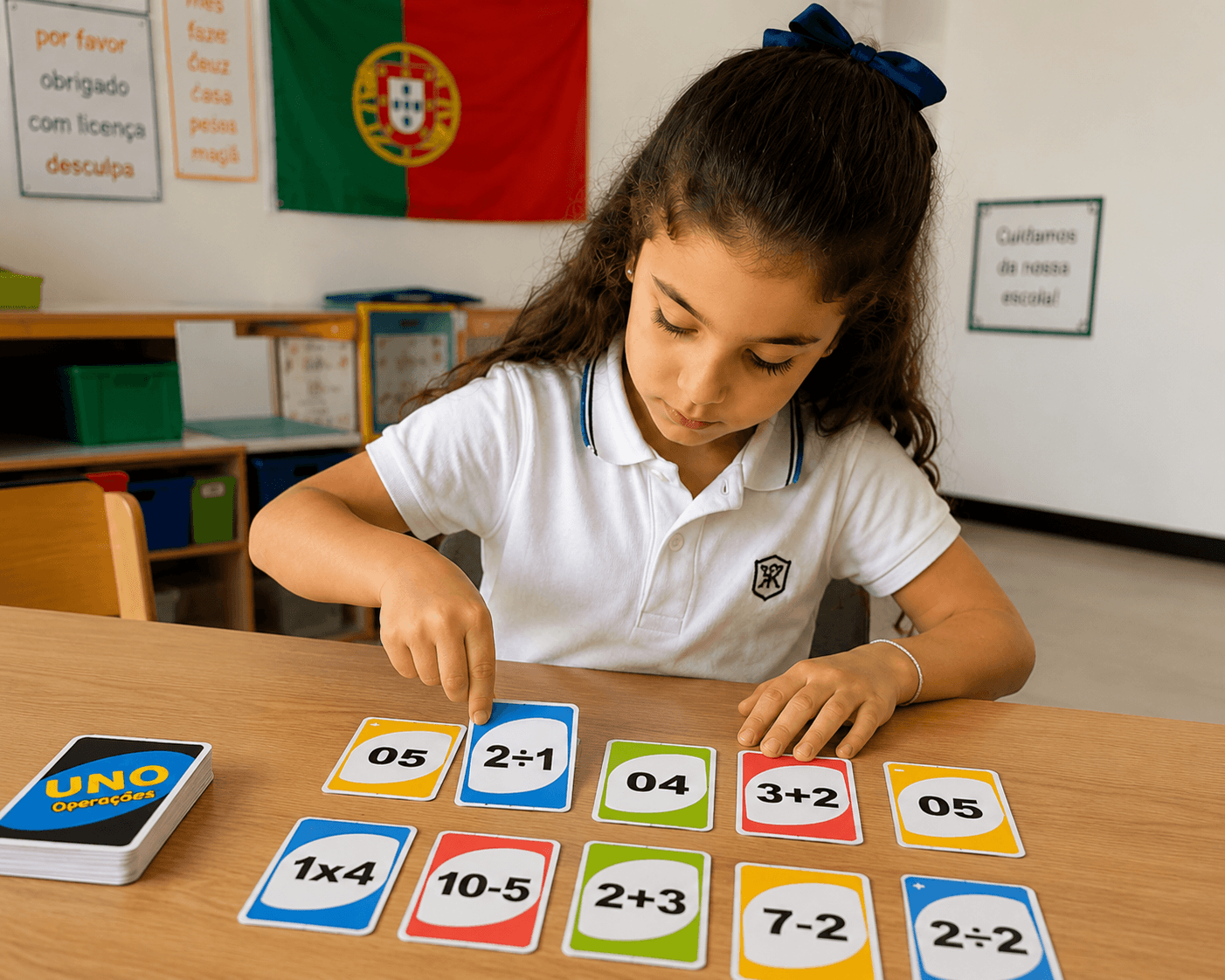 Criança a jogar UNO da Matemática